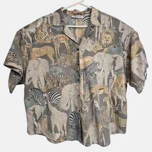 Lady Caribou Womens 44 Blouse ButtonUp Top Short Sleeve Safari Print Tan Vintage